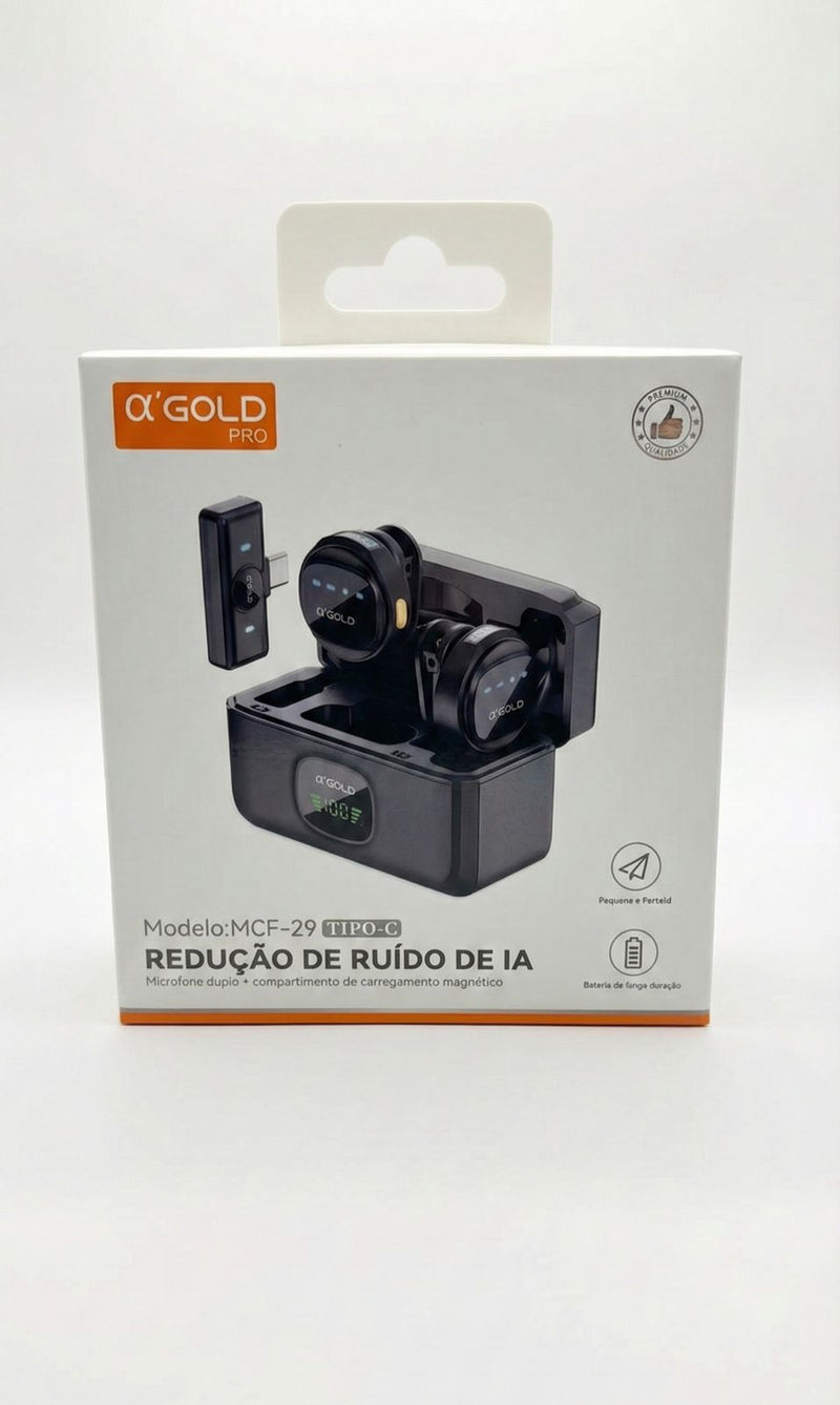 Microfone Sem Fio Áudio PROFISSIONAL α’GOLD PRO – Modelo MCF-29 (Tipo-C e IOS)
